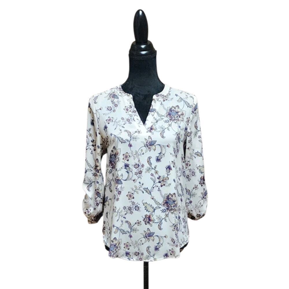 Maurices Women's Size XS Floral V-Neck Blouse Sheer Tunic Boho Ivory Top